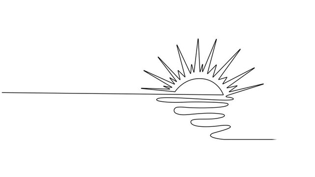 sunrise continuous one line drawing, Video. A continuous line of of sunny ocean view Summer travel concept. Sun weather minimalist one line art. Animation on white background. 4K.