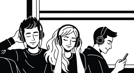 People listening music headphones illustration vector graphics
