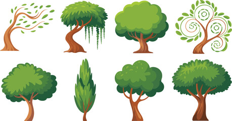 Stylized tree illustration set, diverse artistic tree designs, whimsical foliage, coniferous and broadleaf variations, decorative nature clipart, educational 
