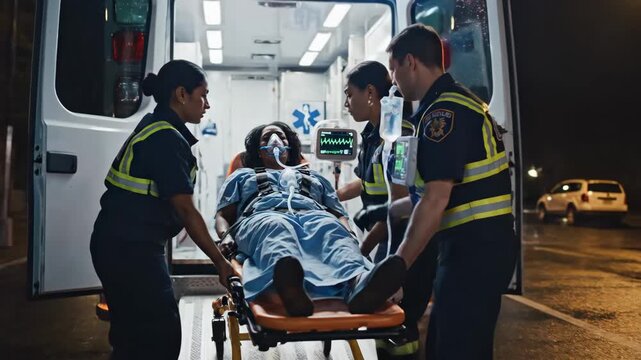 Paramedics loading patient into ambulance at night - A team of paramedics are loading a patient onto an ambulance stretcher.