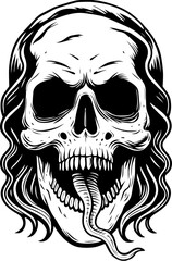 Fototapeta premium SVG skull horror dark toxic art design. Black and White Skull with Snake and Long Hair Artistic Illustration