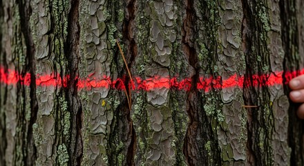 A close-up of rough tree bark prominently marked with a bright red horizontal line, signifying forestry work or property demarcation
