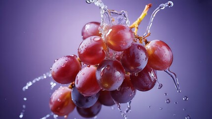 Macro shot of red grapes with water splashing and dripping water drops fruit