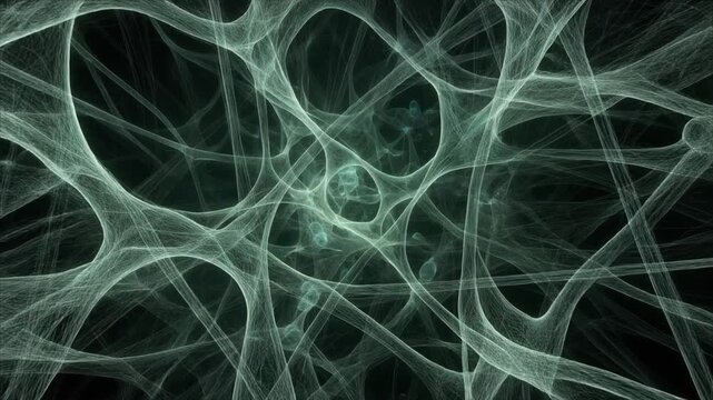 An intricate, glowing network of interconnected filaments representing the complex molecular traffic within a cell's cytosol