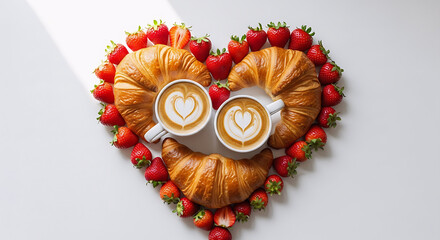 Romantic Breakfast with Coffee Latte Art, Croissants, and Strawberries in Heart Shape on White Background