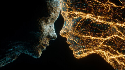 Energy exchange between human and AI glowing emotional connection abstract visualization of empathy technology interaction futuristic digital illustration symbolic of human machine synergy