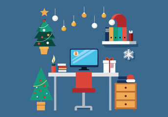 A festive workspace with a christmas tree, presents, and a computer, creating a cheerful holiday atmosphere in the office