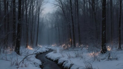 Fototapeta premium Enchanting Winter Forest Path with a Winding Stream and Soft Snowfall.