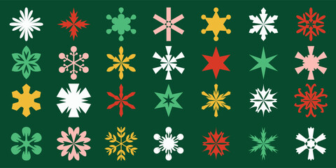 Colorful Christmas Snowflake and Star Pattern Set on Green Background – Festive Holiday Vector Design