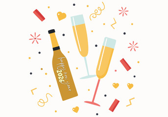 Festive new year celebration with champagne bottle and glasses isolated on celebration and party concept