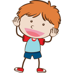 Cartoon illustration of a happy young boy with orange hair wearing a blue shirt red sleeves and blue shorts with red sneakers on a transparent background
