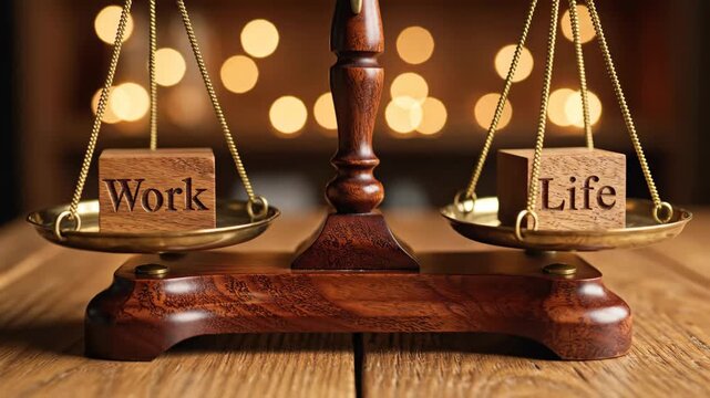Balance Between Work and Life Concept - A wooden balance scale is shown with the words "Work" and "Life" on wooden blocks placed on each side, symbolizing the concept of work-life balance.