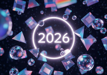 Obraz premium Futuristic Abstract Background with Floating Holographic Geometric Shapes and a Glowing 