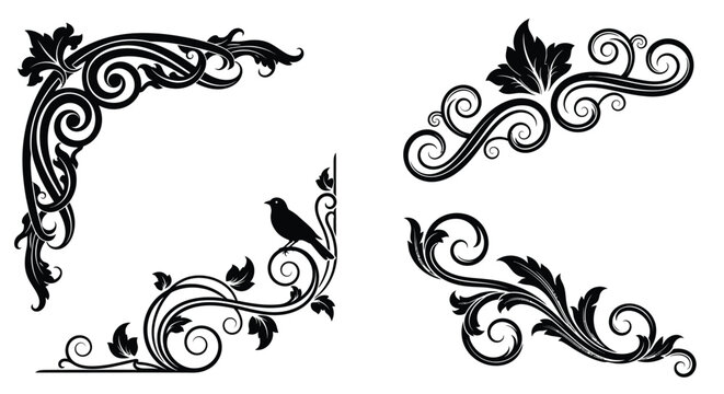 Vector floral corner designs ornamental decorative black and white