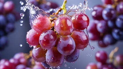 Red grapes with water splashes and droplets close up image