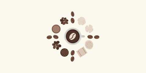 Flat design illustration of coffee's journey a warm cup surrounded by beans, flowers, and leaves, representing its transformation from plant to delicious drink