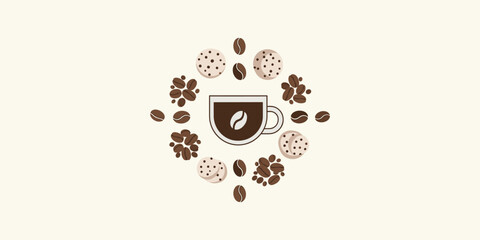 Coffee cup illustration with coffee beans and cookies around in a circular composition, coffee break concept