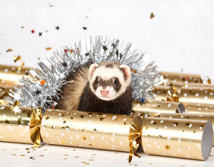A cute ferret peeking out from a Christmas cracker surrounded by festive decorations and confetti