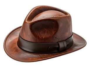 Brown leather fedora with dark band isolated on black backdrop