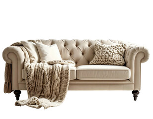 Plush beige sofa adorned with pillows and a cozy knit throw