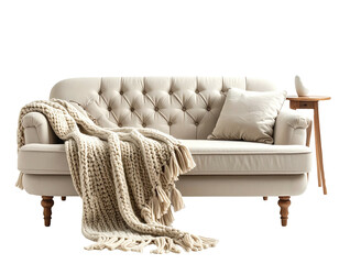 Cream couch with tufted back, cozy blanket, and small side table
