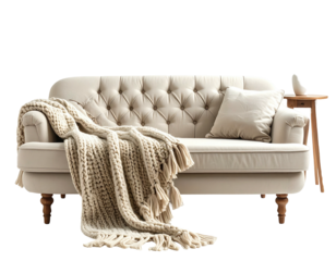 Cream couch with tufted back, cozy blanket, and small side table