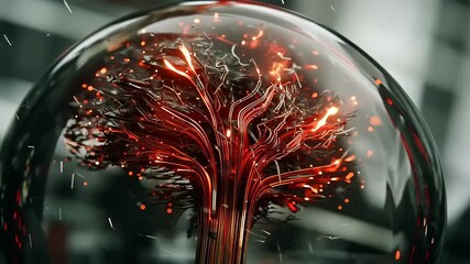 Conceptual video of an abstract tree in a glass dome with a glowing red light effect