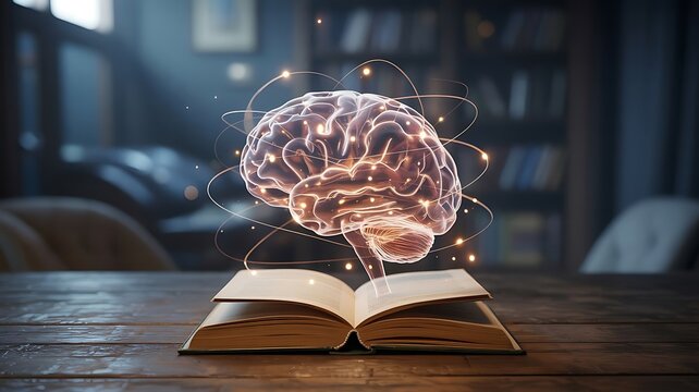 Illuminated brain floats above open book in dimly lit study knowledge learning