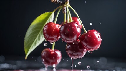 Ripe red cherries with water droplets on a dark background cherry fruit