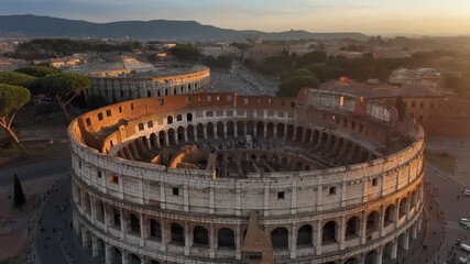 Majestic aerial orbit of the Roman Colosseum at sunrise. - Powered by Adobe