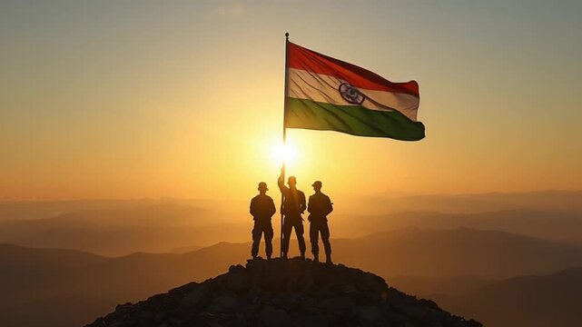 Group Raising Indian Flag on Mountain Peak &ndash; Republic Day of India