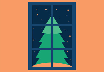 A christmas tree with snow on it is seen through a window on christmas night with stars in the sky outside