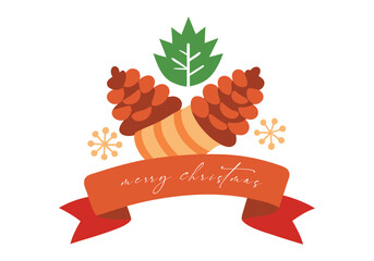 Merry christmas greeting card with pine cone and leaf for holiday season