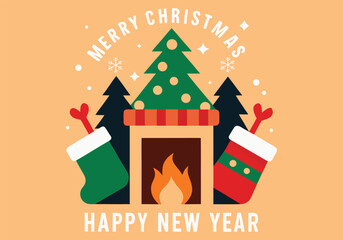 Festive christmas and new year illustration featuring a cozy fireplace, decorated tree, and stockings filled with treats