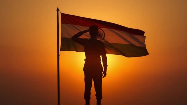 Soldier Saluting Indian Flag at Sunset &ndash; Republic Day Tribute