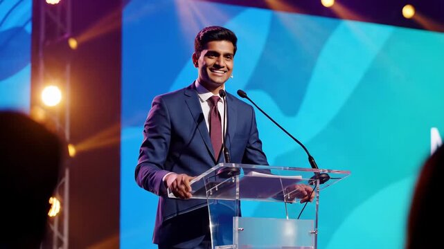Confident Speaker at Business Conference - A well-dressed man delivers a passionate speech from a clear podium on a stage, illuminated by warm lighting.