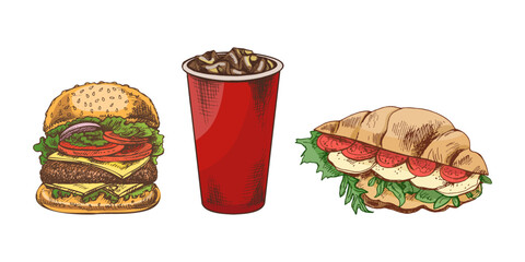 Hand drawn vintage fast food composition with burger, soda cup and croissant sandwich with lettuce and tomato, isolated vector illustration