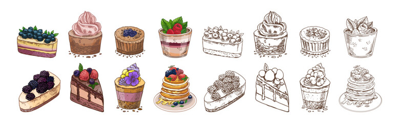 Hand drawn vintage dessert set with pancakes, cheesecakes, cupcakes and parfaits in color and monochrome version, isolated vector illustration