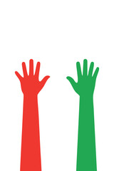 Contrasting Red And Green Raised Hands