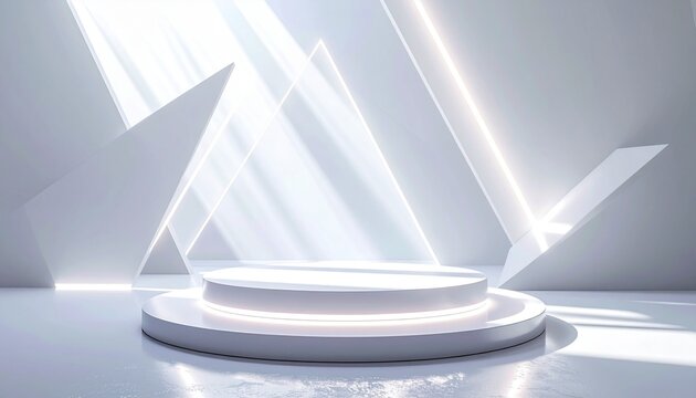 A glossy white geometric podium with sharp angular contours and LED accent lighting , set in a pure white void with floating triangular prism shadows , rotating 360 degrees while holographic product l