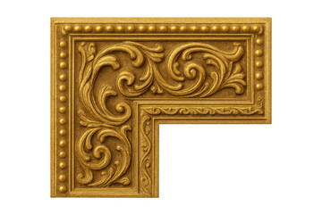 Ornate gold frame corner depicting antique baroque style embellishments and intricate floral carvings on transparent background