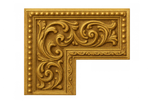 Ornate gold frame corner depicting antique baroque style embellishments and intricate floral carvings on transparent background