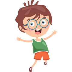 Cartoon Boy With Glasses And Orange Shorts Jumps Happily In The Air With Open Arms Isolated On White Background Fun Energetic Movement Joyful Expression