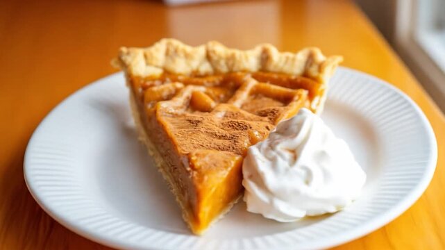 Delicious sweet dessert pie slice with whipped cream on white plate