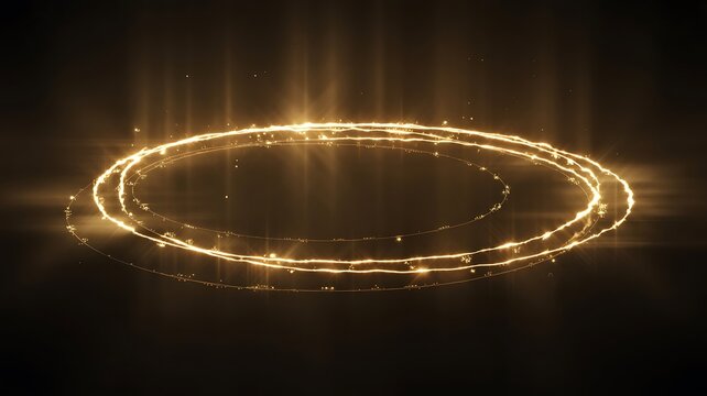 Abstract shimmering golden rings floating ethereal space with particle trails creating elegant and magical display of light and energy