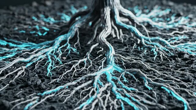 A time-lapse, macro view of a plant's constricted root system (capillary metaphor) that "relaxes" and widens in response to a wave of teal energy (nitric oxide).