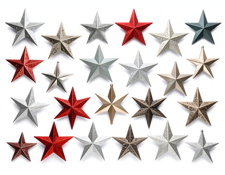 Radiant Holiday A Festive Array of Traditional Christmas Stars with Metallic Textures against White Background