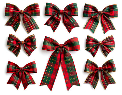 Collection of festive Christmas bows with a traditional red and green tartan plaid pattern isolated on a clean white background