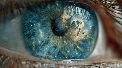 Close-up of an eye iris reflecting the entire universe, symbolizing cosmic awareness, infinite imagination, insight, connection, and the boundless nature of perception.