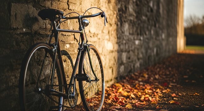 Vintage Bicycle Leaning Against Stone Wall with Autumn Leaves.